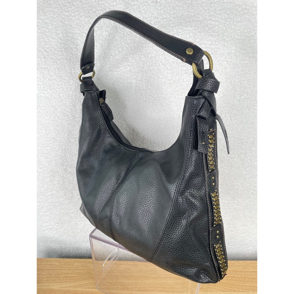 Liz Claiborne Black Pebbled Faux Leather Studded Hobo Shoulder Bag Brass Hardwar